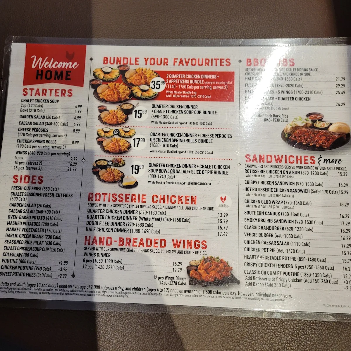 Menu, Swiss Chalet