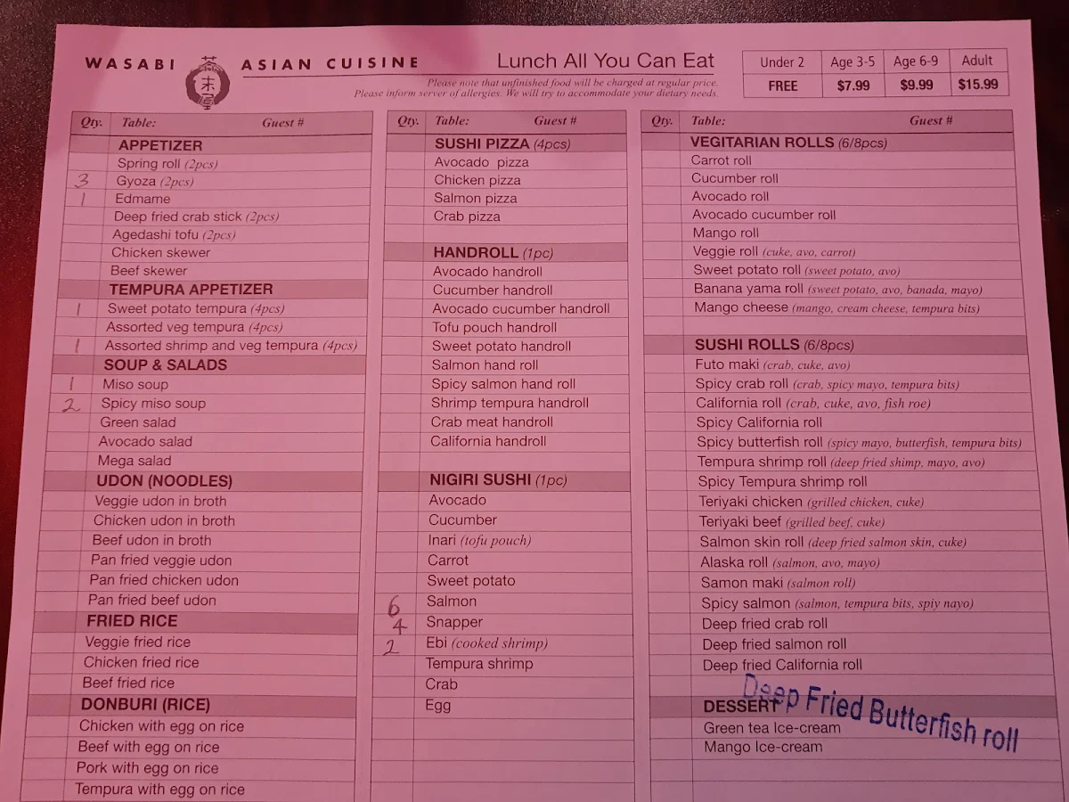 Menu, Wasabi Asian Cuisine