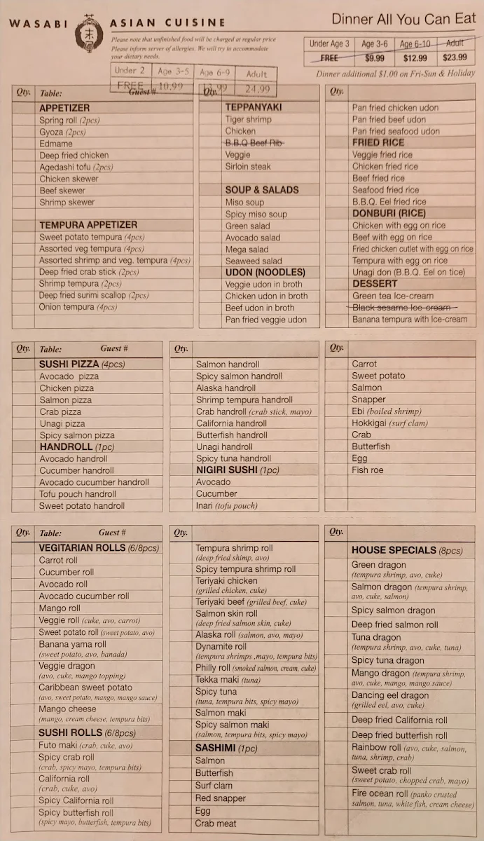 Menu, Wasabi Asian Cuisine