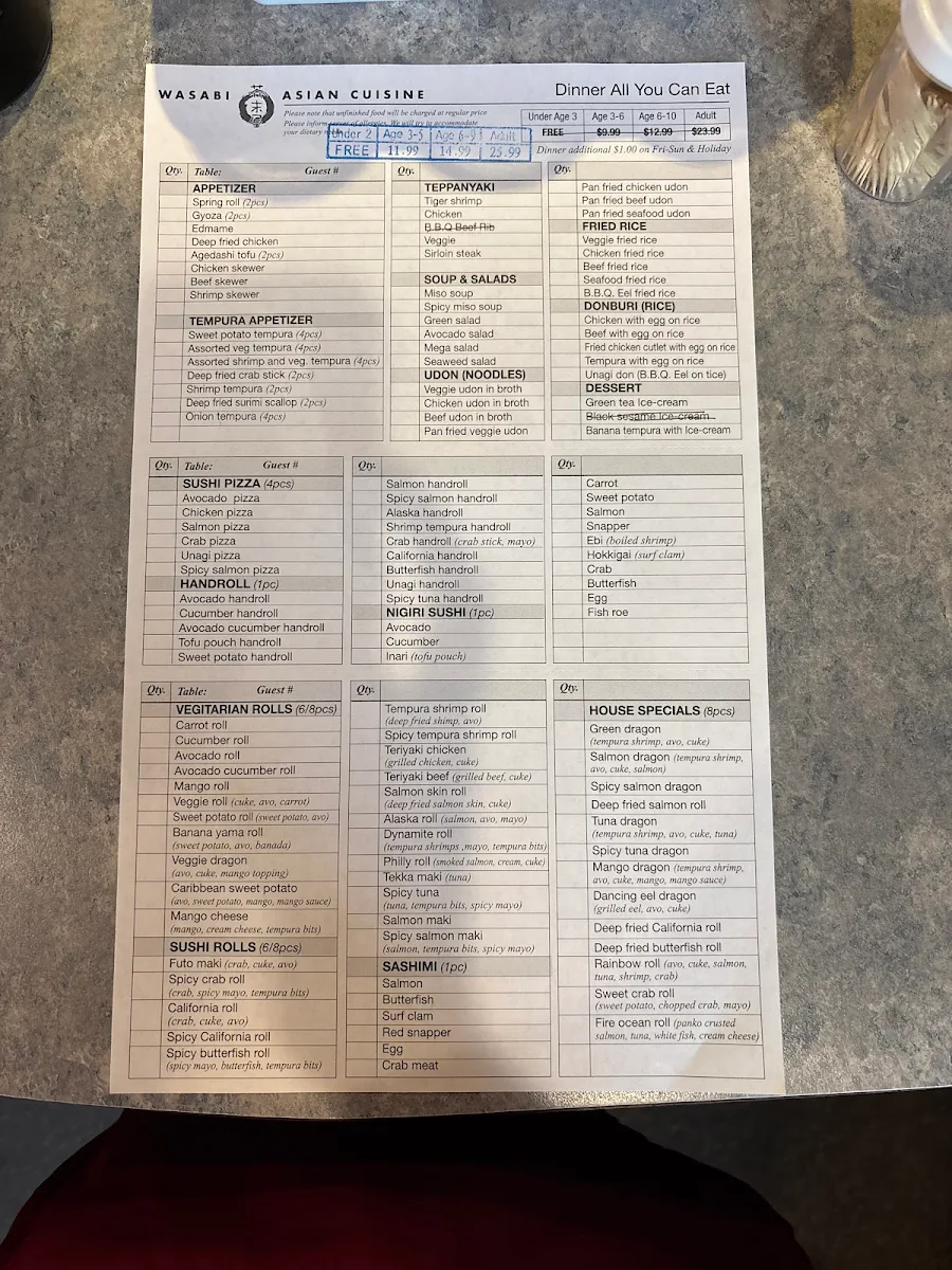 Menu, Wasabi Asian Cuisine