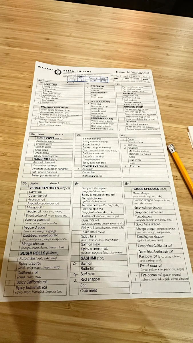 Menu, Wasabi Asian Cuisine