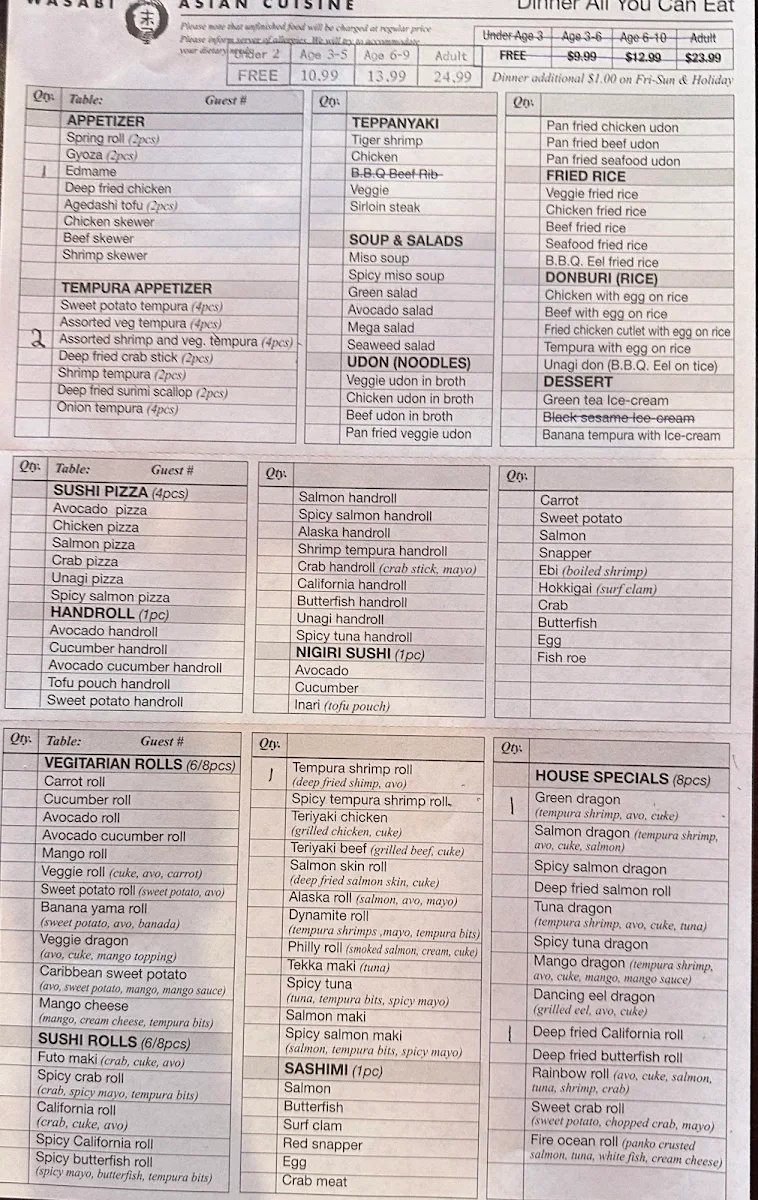 Menu, Wasabi Asian Cuisine