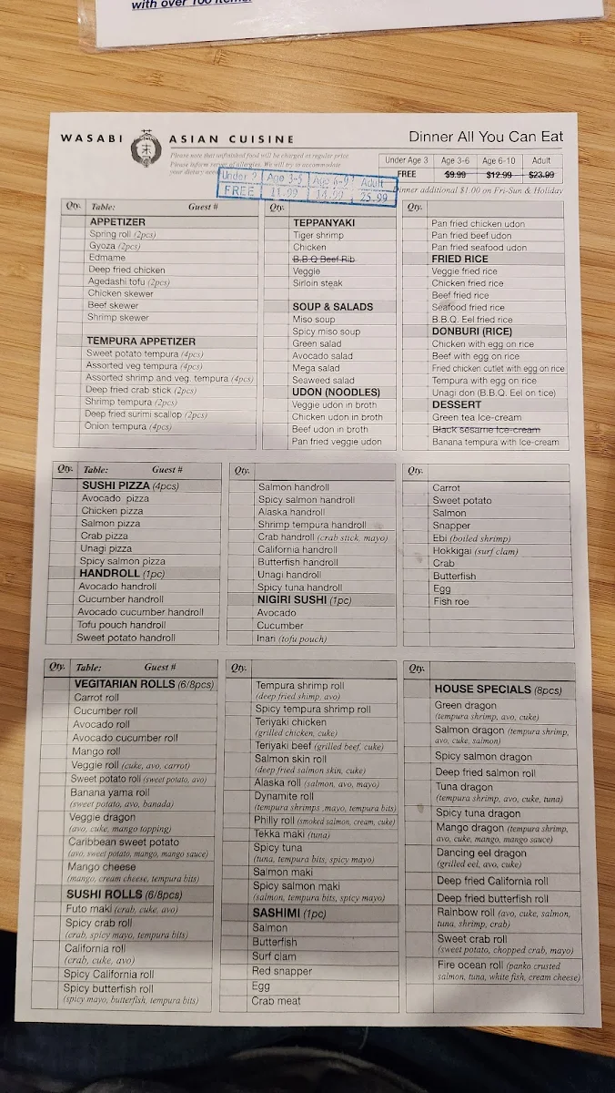 Menu, Wasabi Asian Cuisine