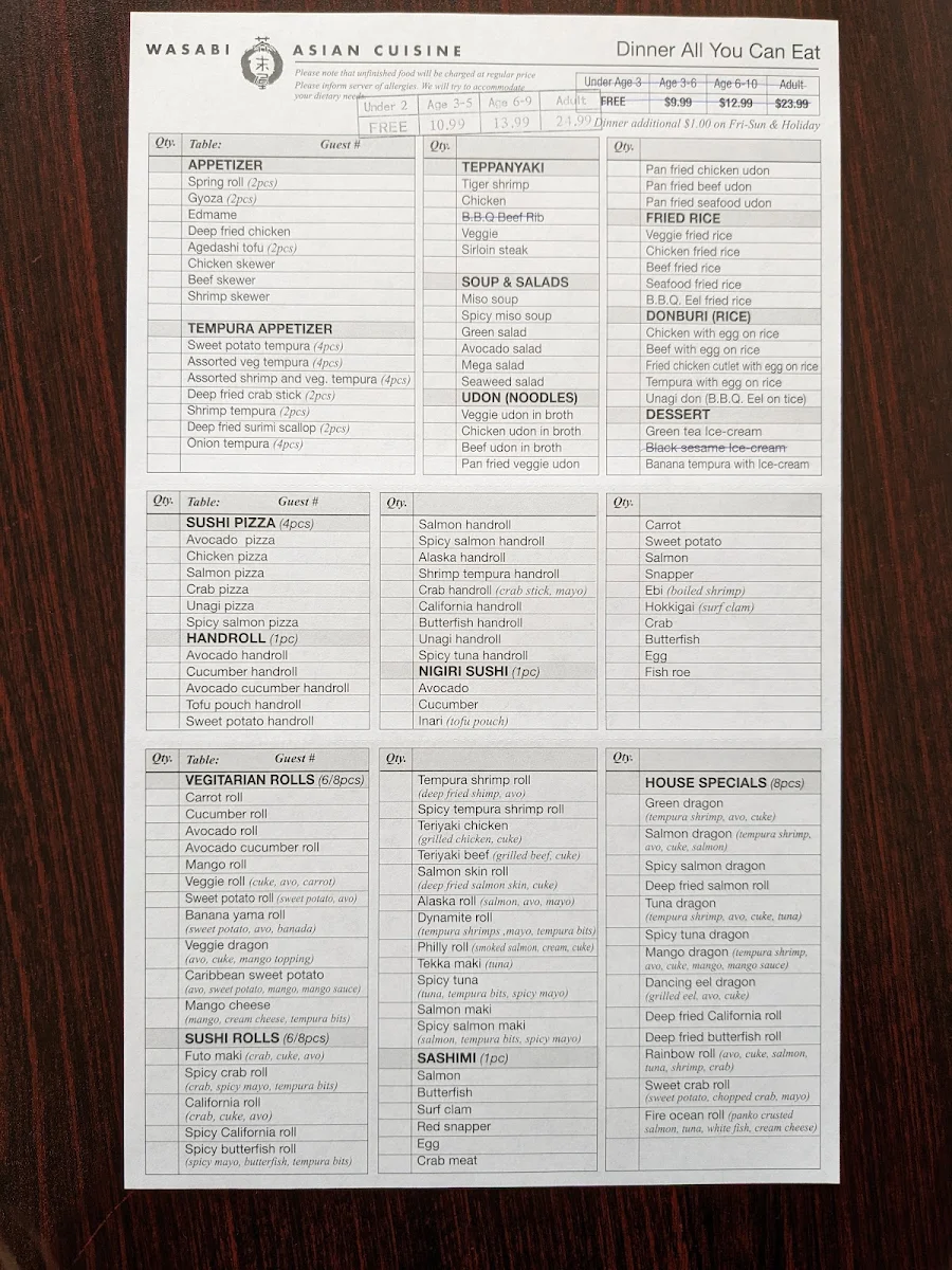 Menu, Wasabi Asian Cuisine