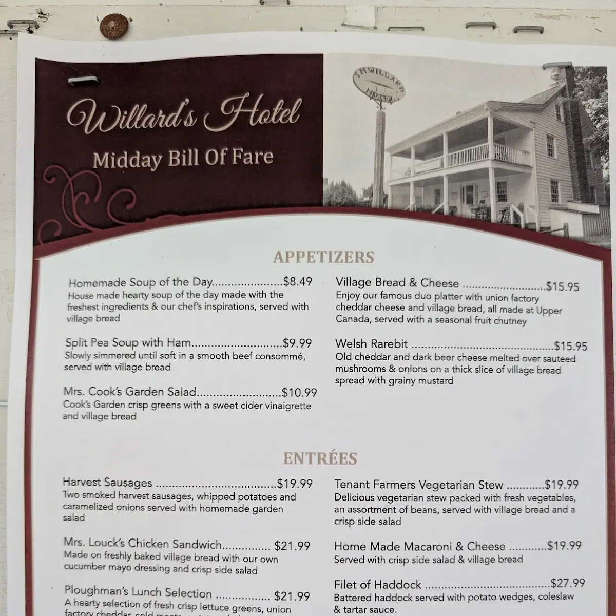 Menu, Willard's Hotel