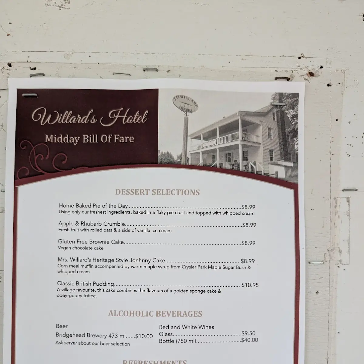 Menu, Willard's Hotel