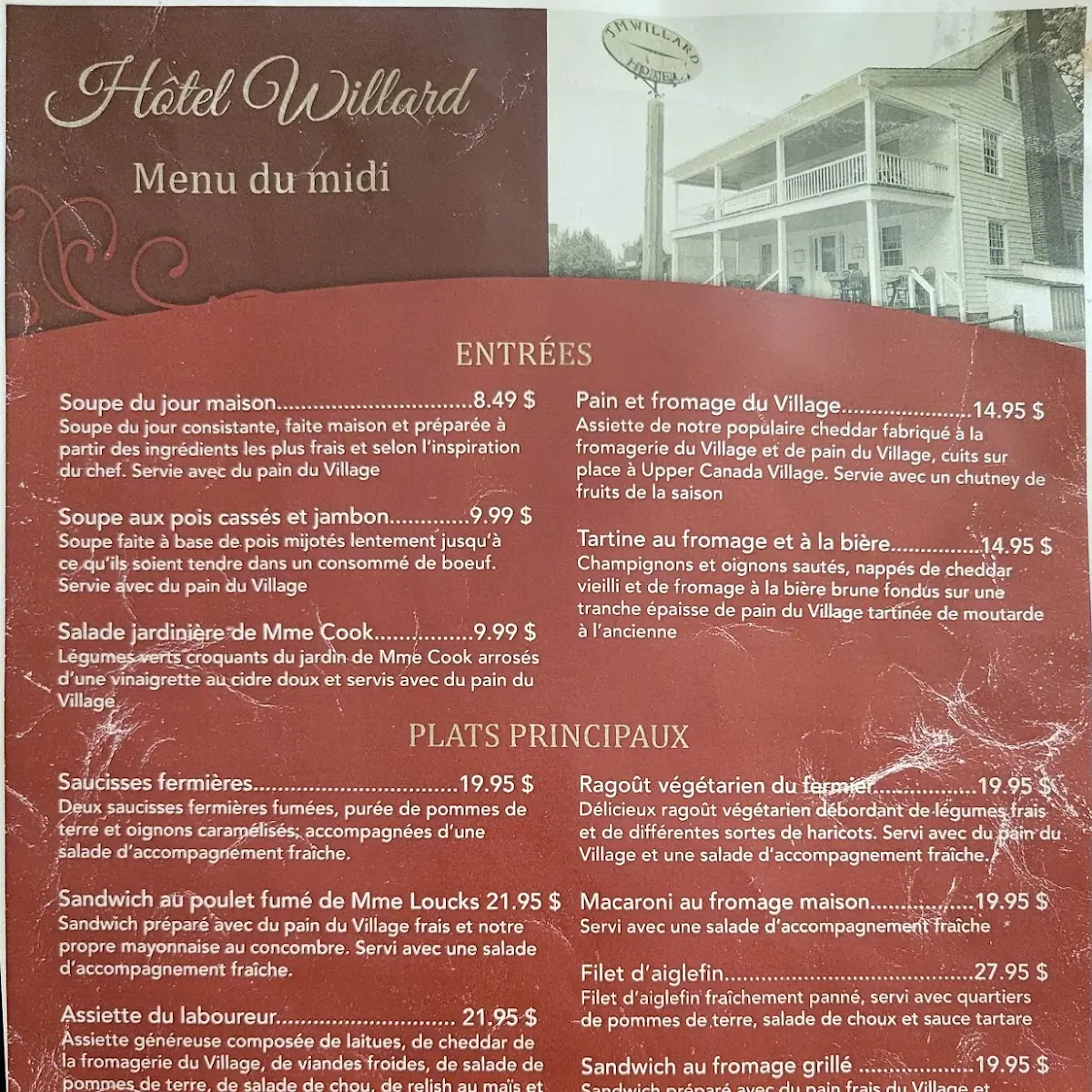 Menu, Willard's Hotel