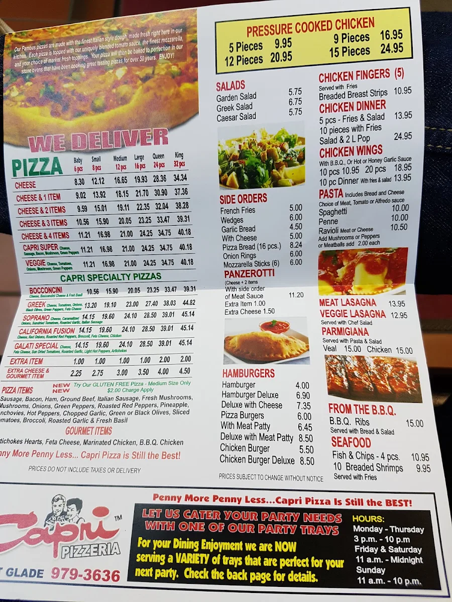 Menu, Capri Pizza