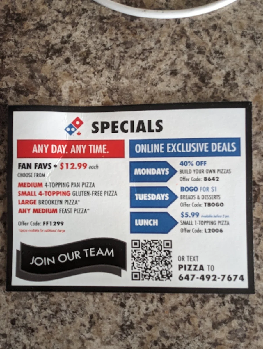 Menu, Domino's Pizza