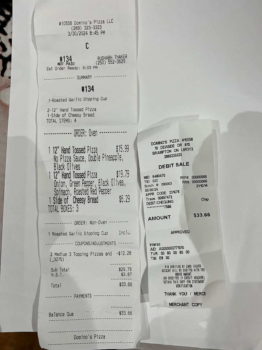 Menu, Domino's Pizza