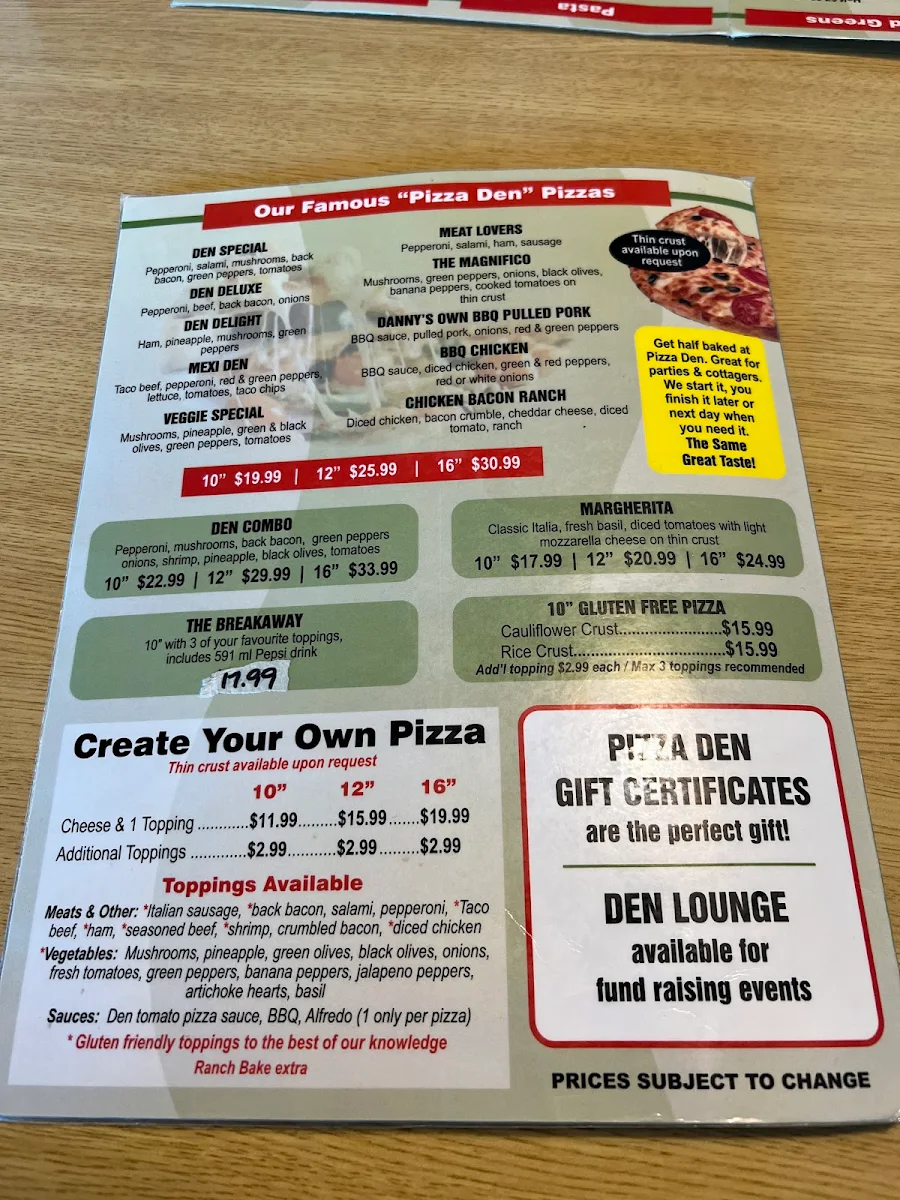 Menu, Pizza Den Restaurant