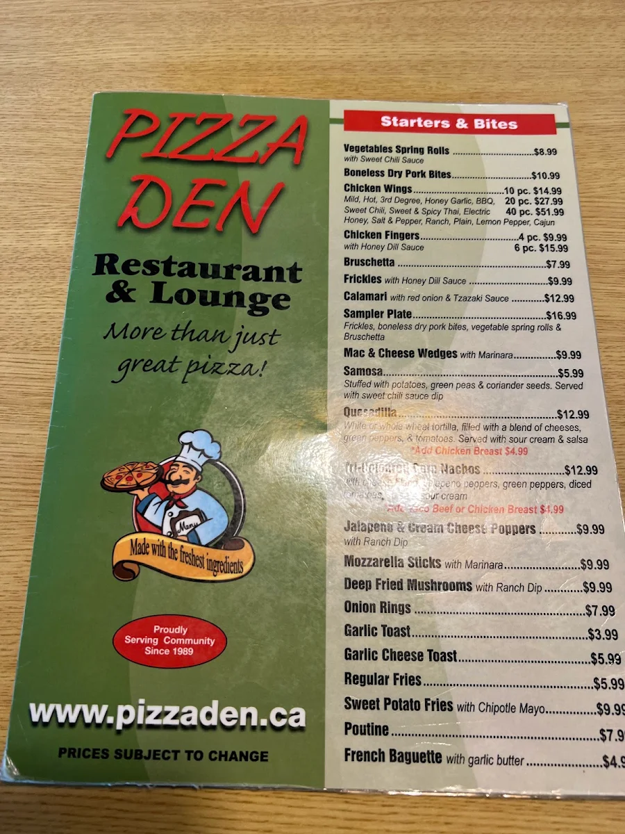 Menu, Pizza Den Restaurant