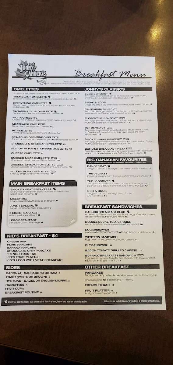 Menu, Jonny Canuck's Bar & Grill