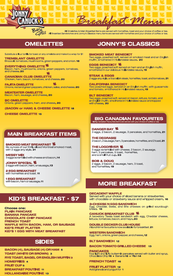Menu, Jonny Canuck's Bar & Grill