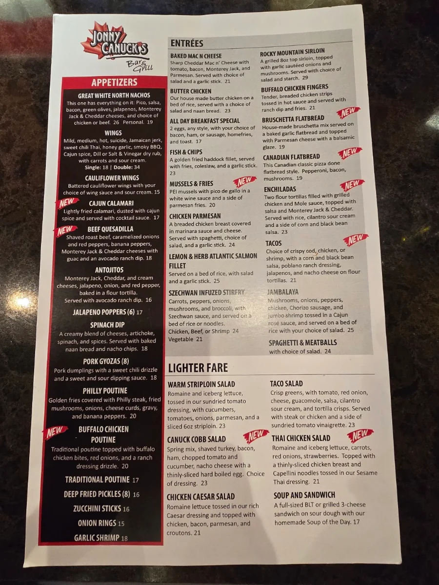 Menu, Jonny Canuck's Bar & Grill