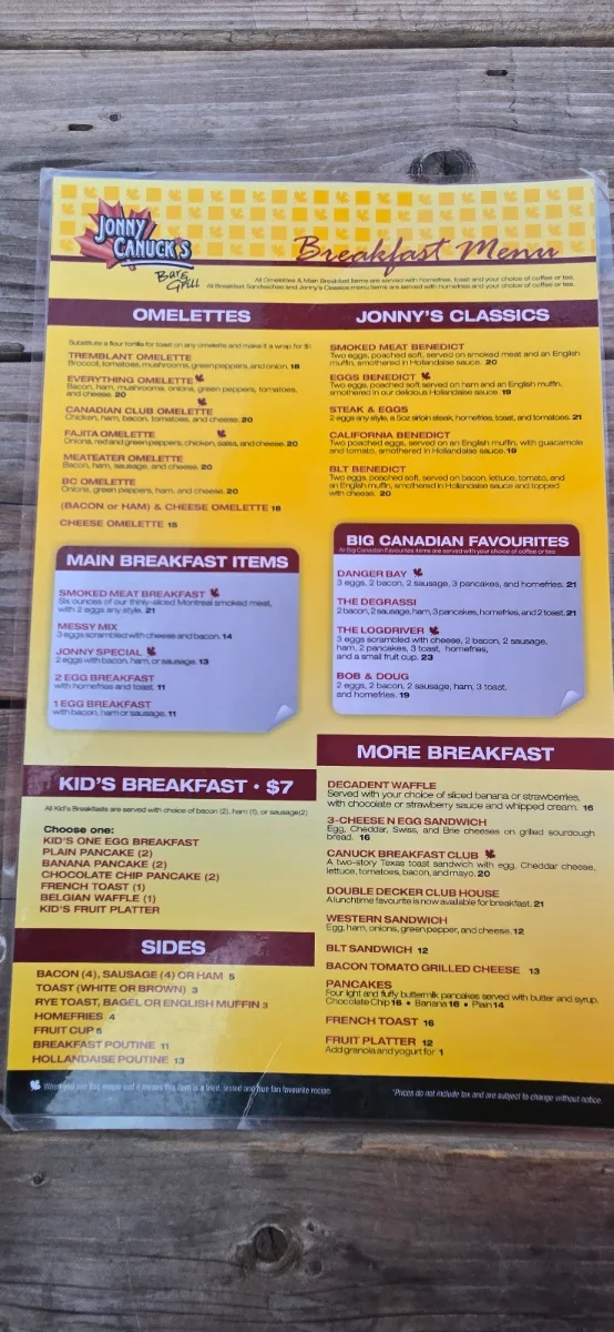 Menu, Jonny Canuck's Bar & Grill