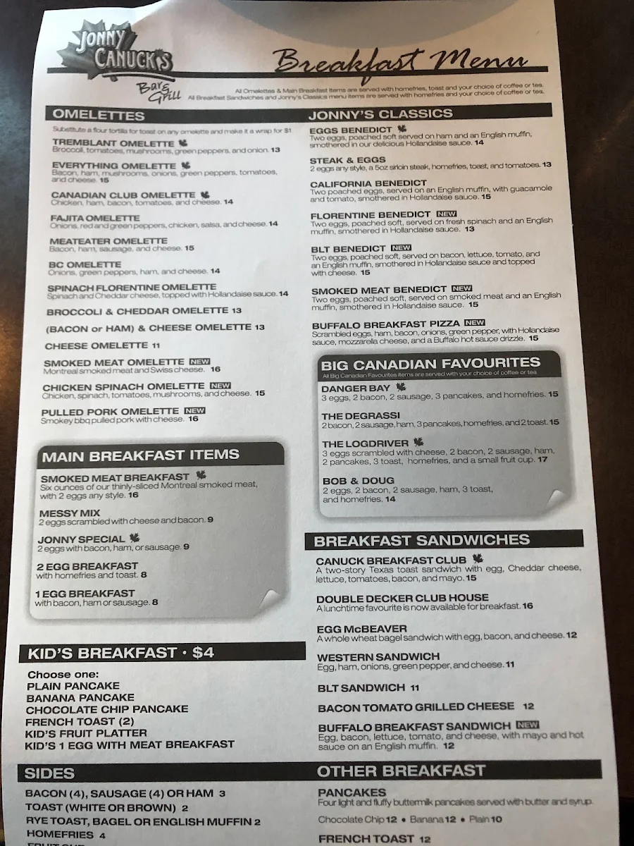 Menu, Jonny Canuck's Bar & Grill