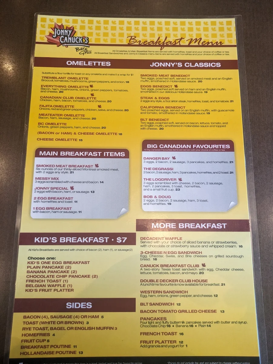 Menu, Jonny Canuck's Bar & Grill