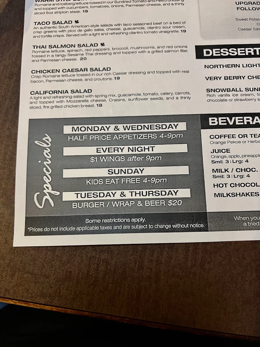 Menu, Jonny Canuck's Bar & Grill