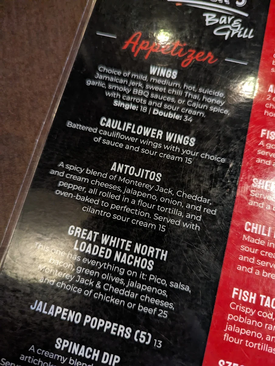 Menu, Jonny Canuck's Bar & Grill
