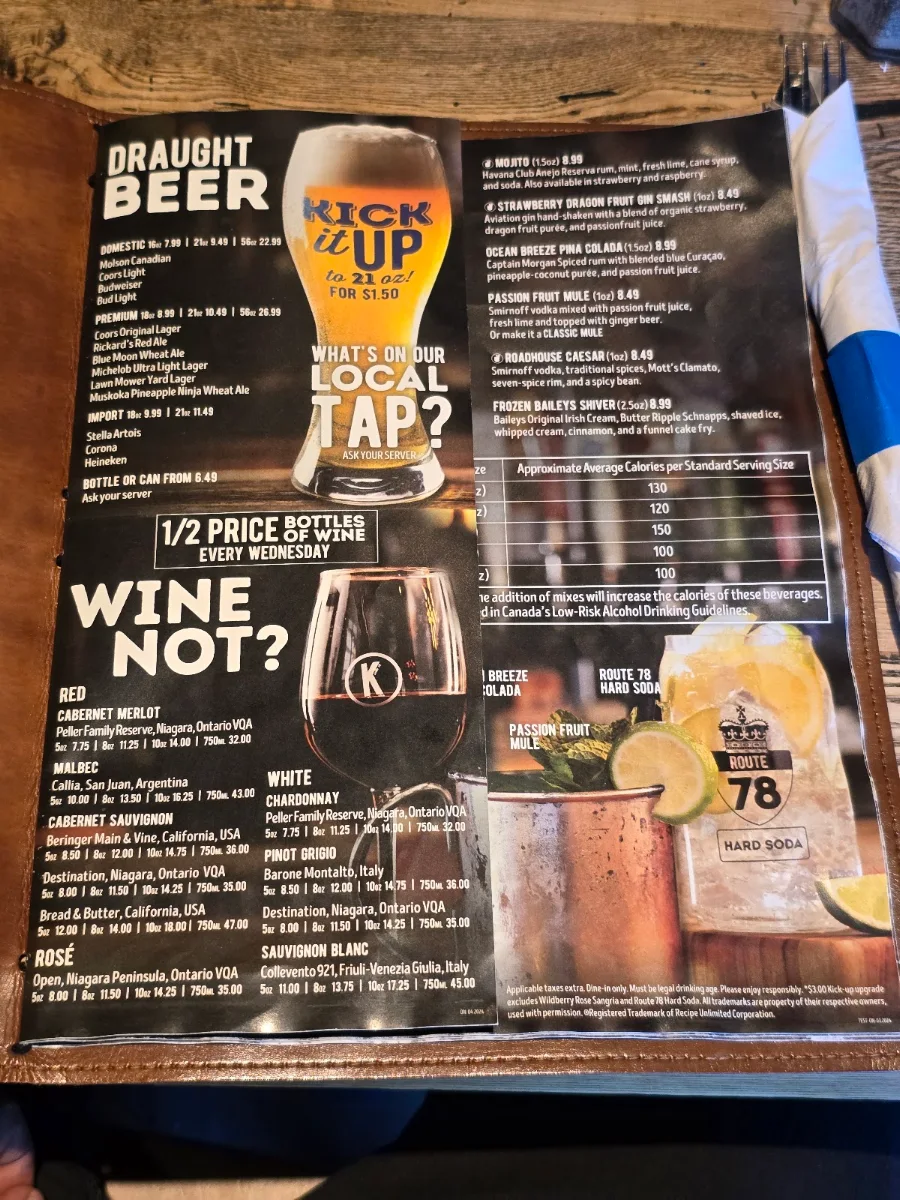 Menu, Kelseys Original Roadhouse