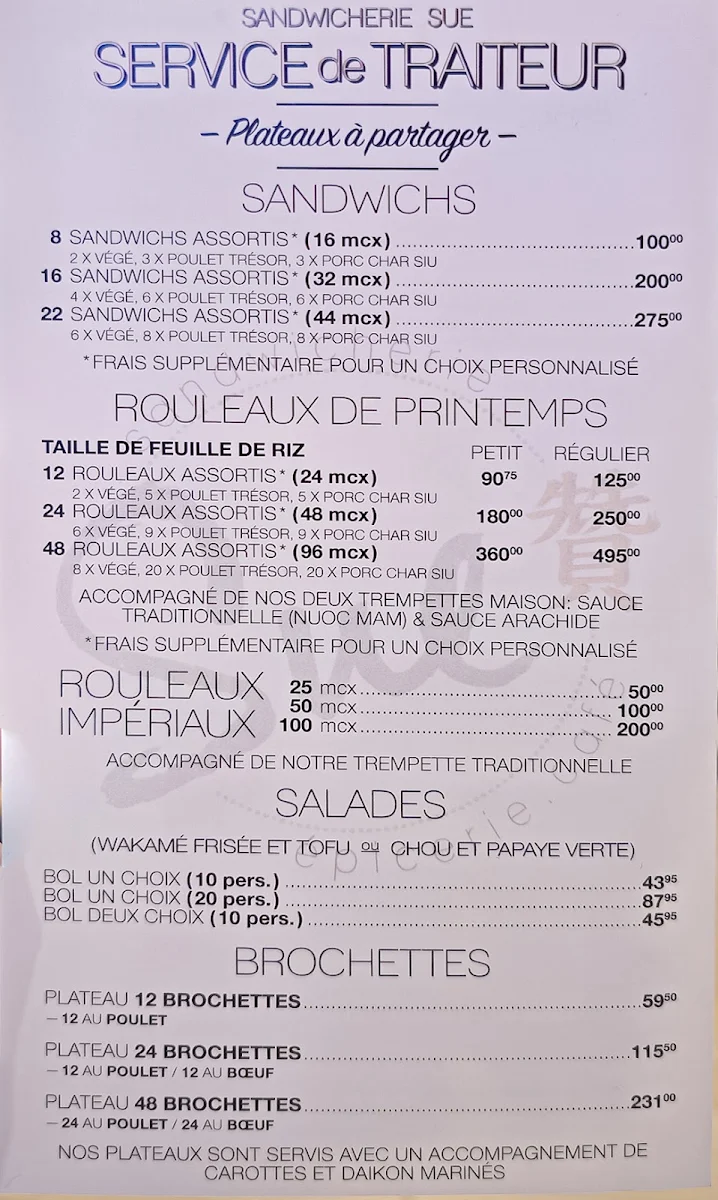 Menu, Sandwicherie Sue - Peel