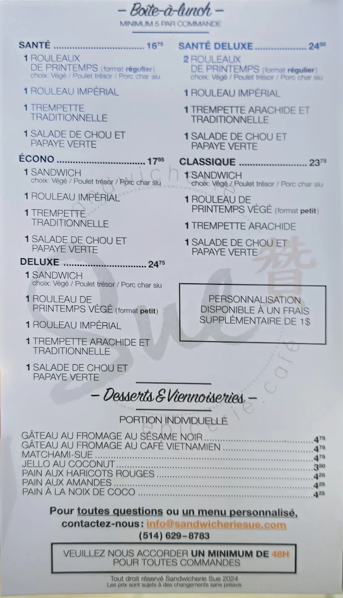 Menu, Sandwicherie Sue - Peel