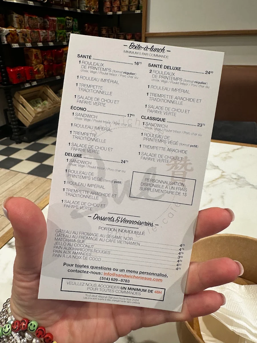 Menu, Sandwicherie Sue - Peel