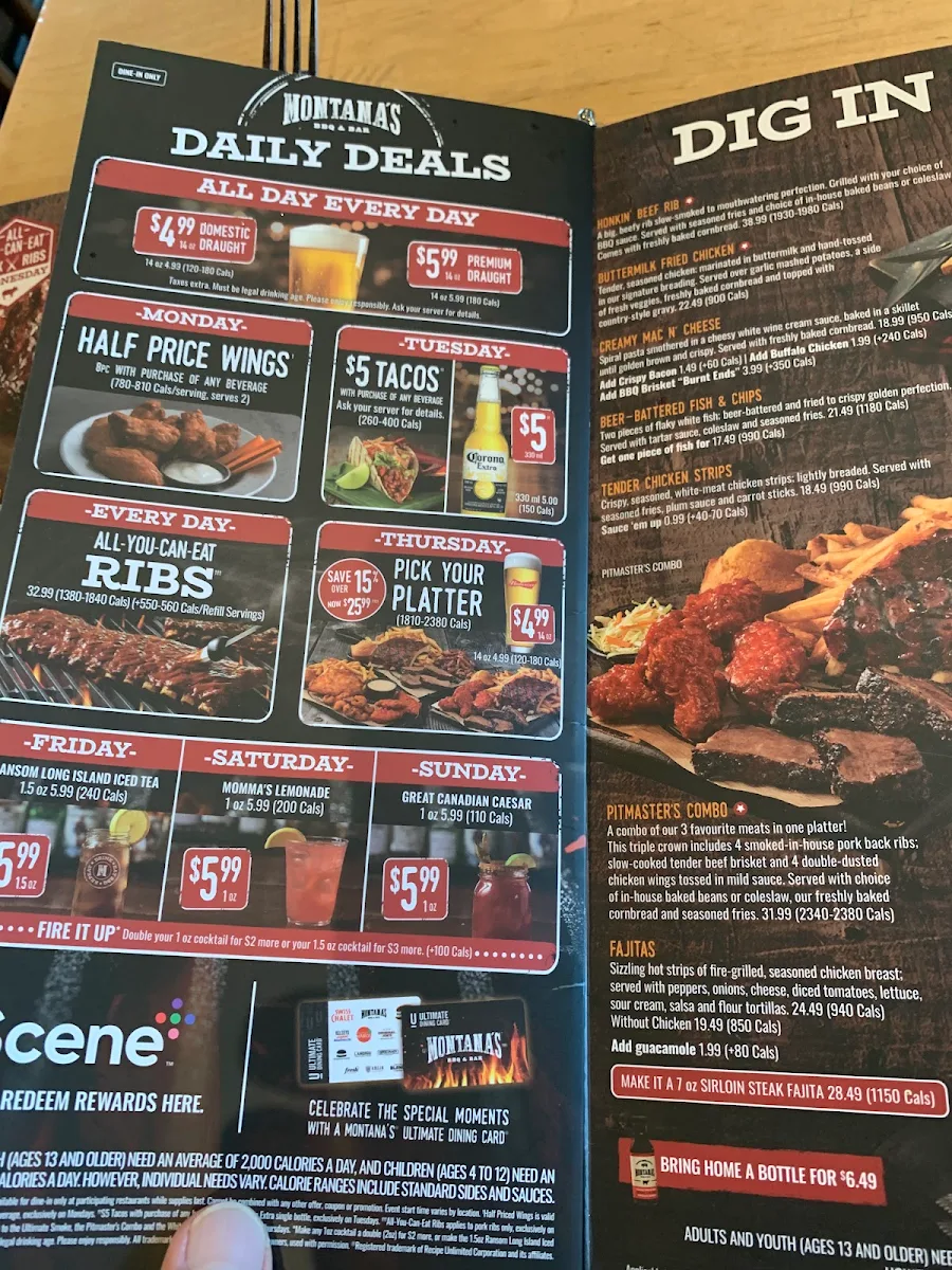 Menu, Montana’s BBQ & Bar