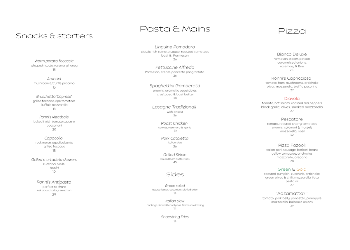 Menu, Ronni's Restaurant