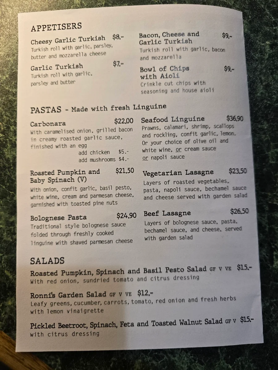 Menu, Ronni's Restaurant