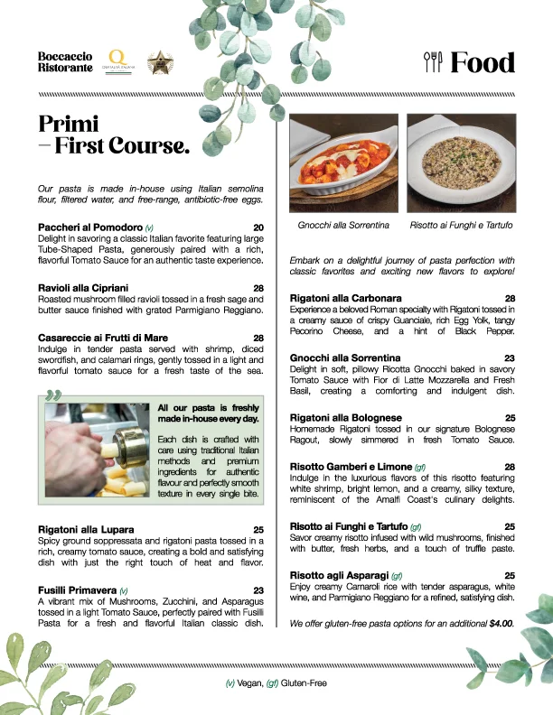 Menu, Boccaccio - Italian Restaurant