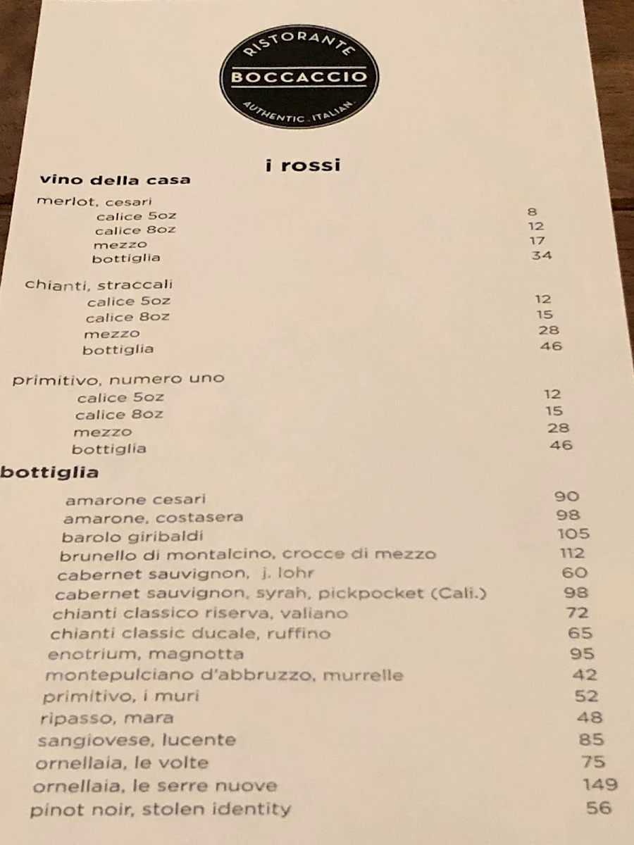 Menu, Boccaccio - Italian Restaurant