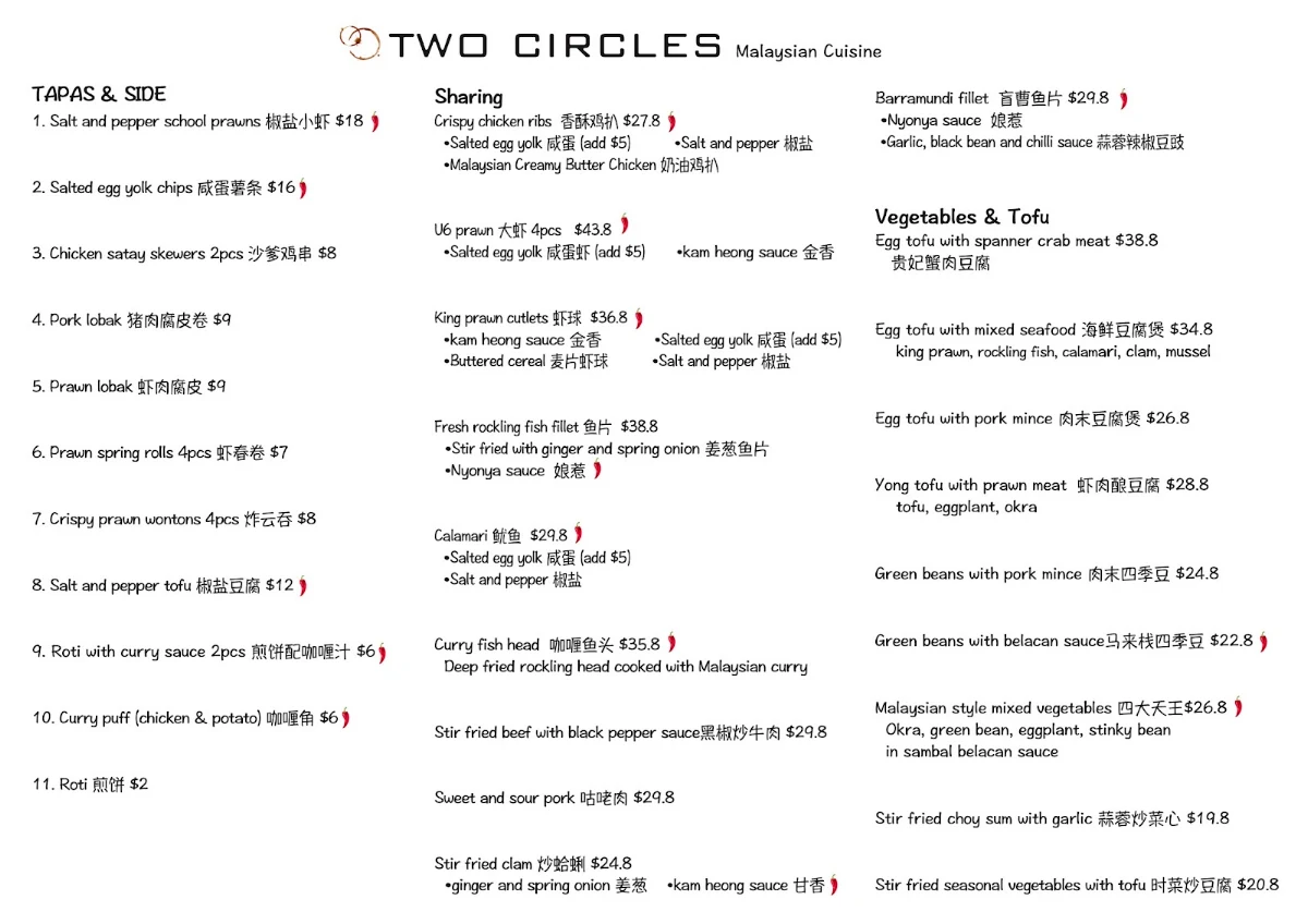 Menu, TWO CIRCLES CAFE