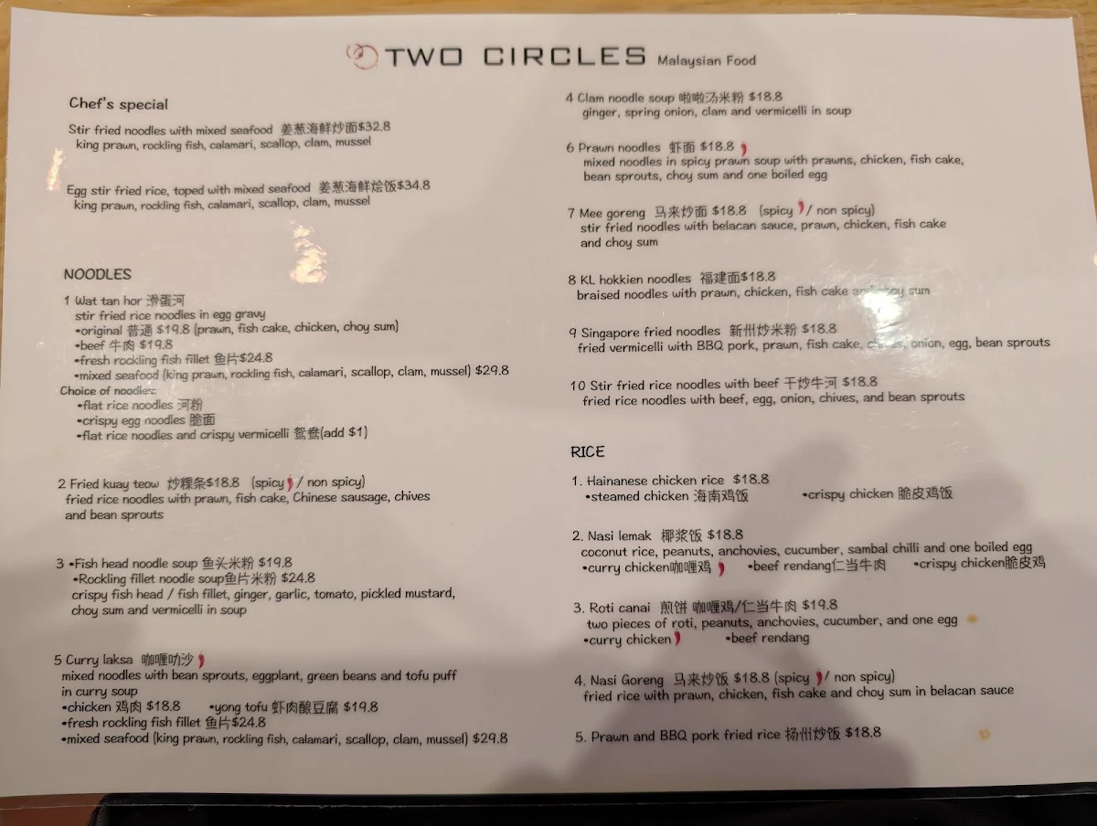 Menu, TWO CIRCLES CAFE