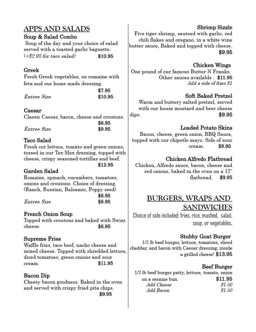 Menu, The Stubby Goat