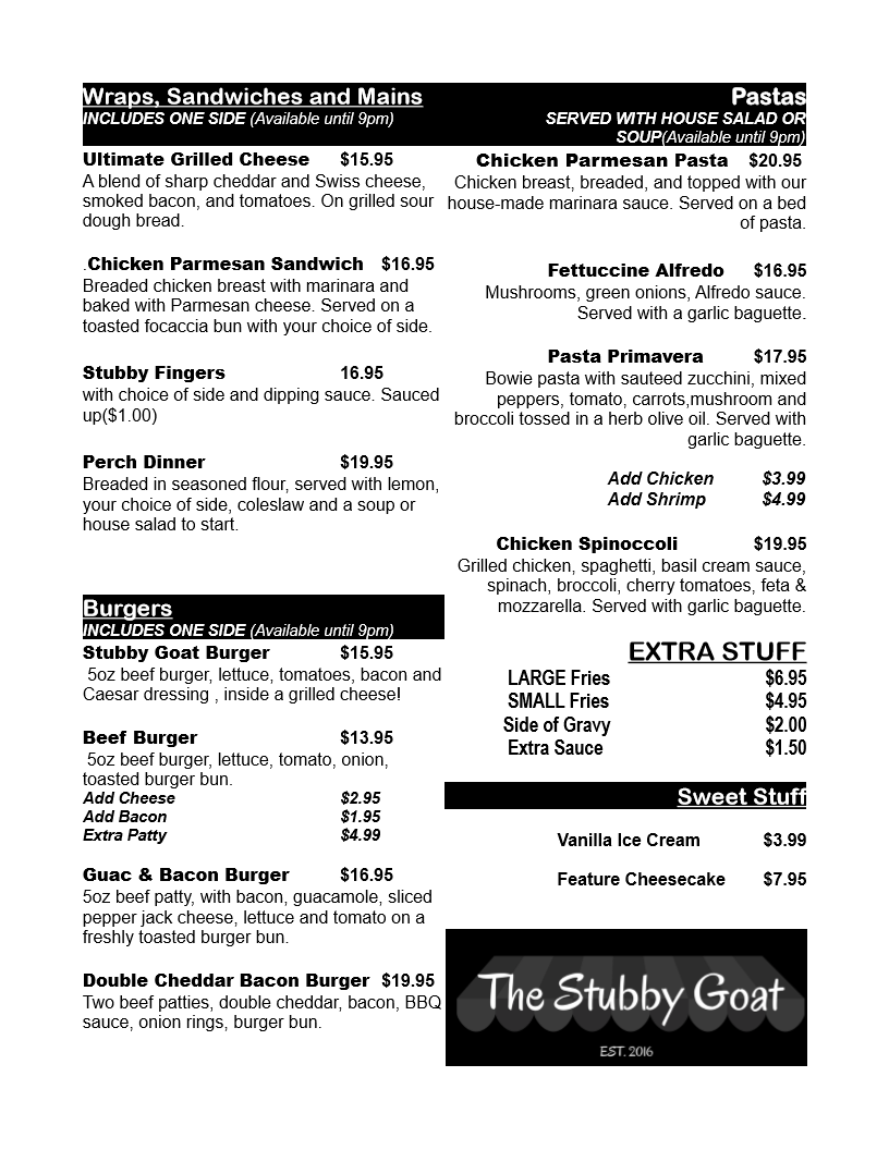 Menu, The Stubby Goat