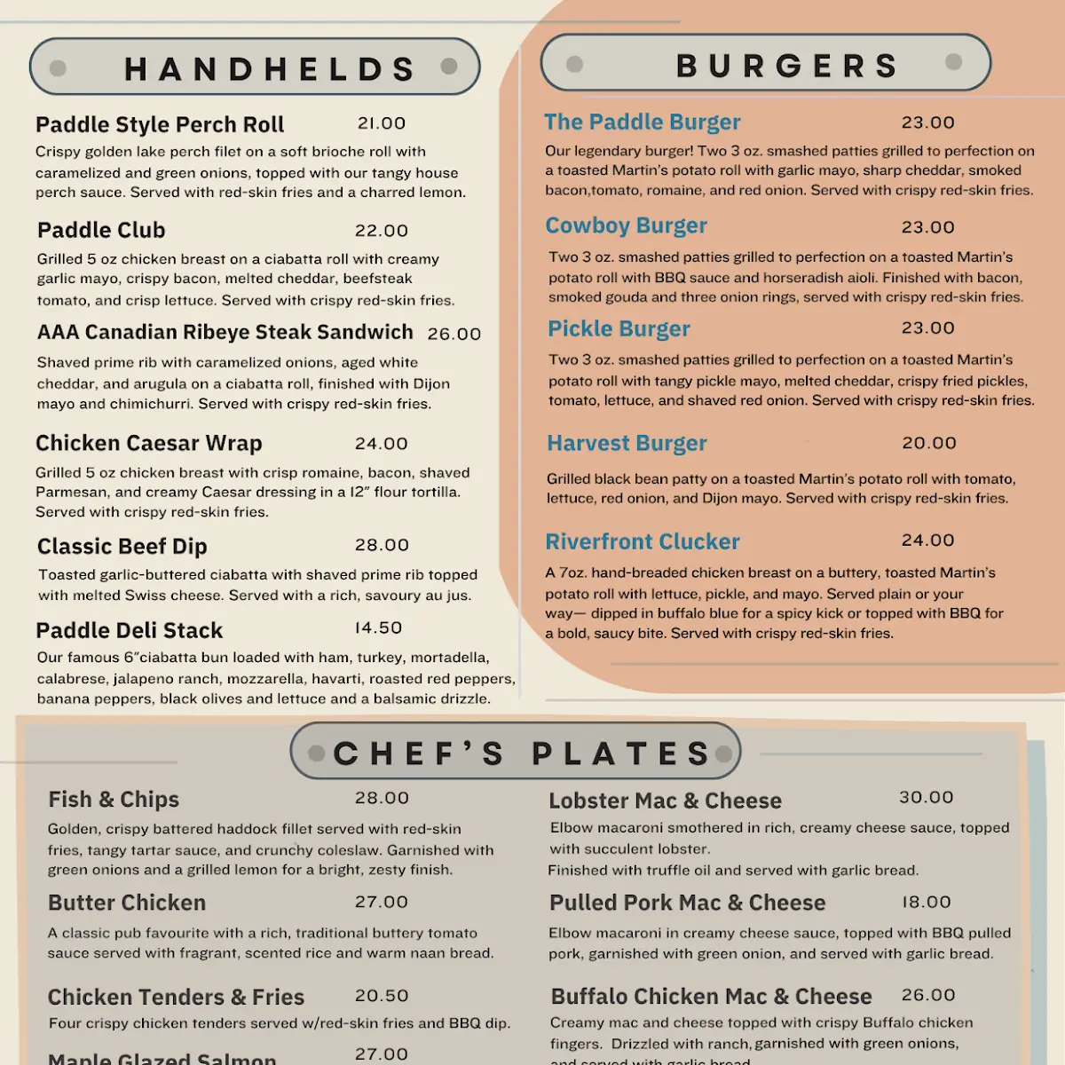 Menu, Perch and Paddle