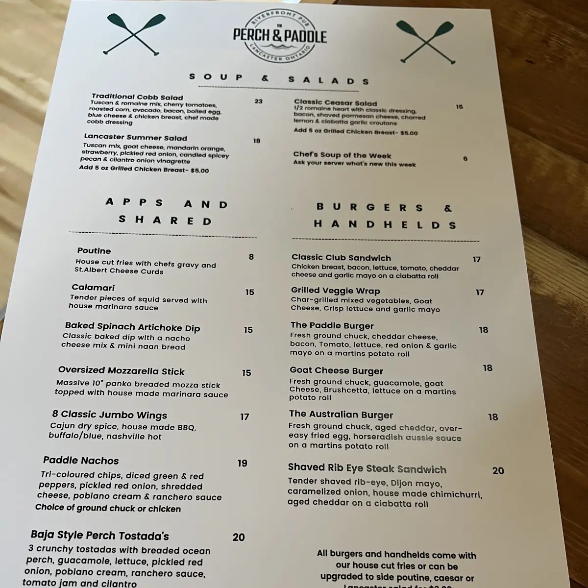 Menu, Perch and Paddle