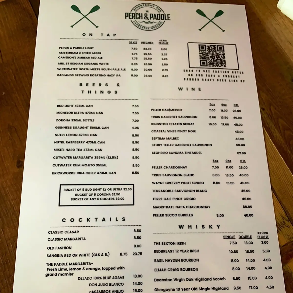 Menu, Perch and Paddle
