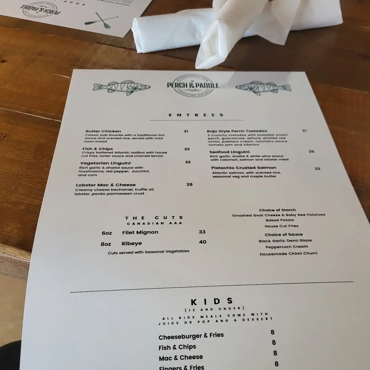 Menu, Perch and Paddle