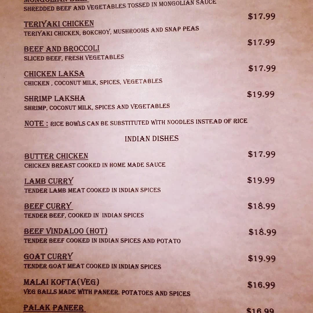 Menu, Asian Curry House