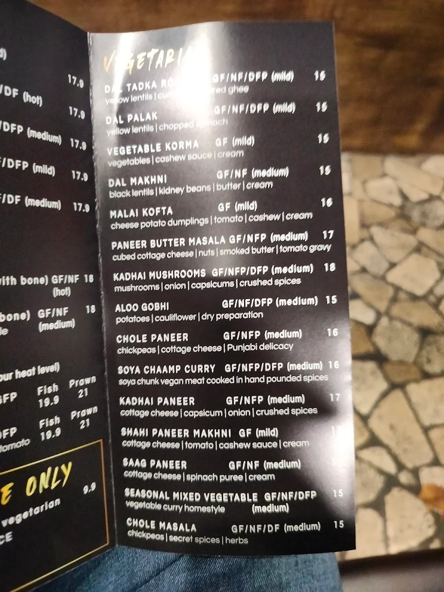 Menu, Tamarind Modern Indian