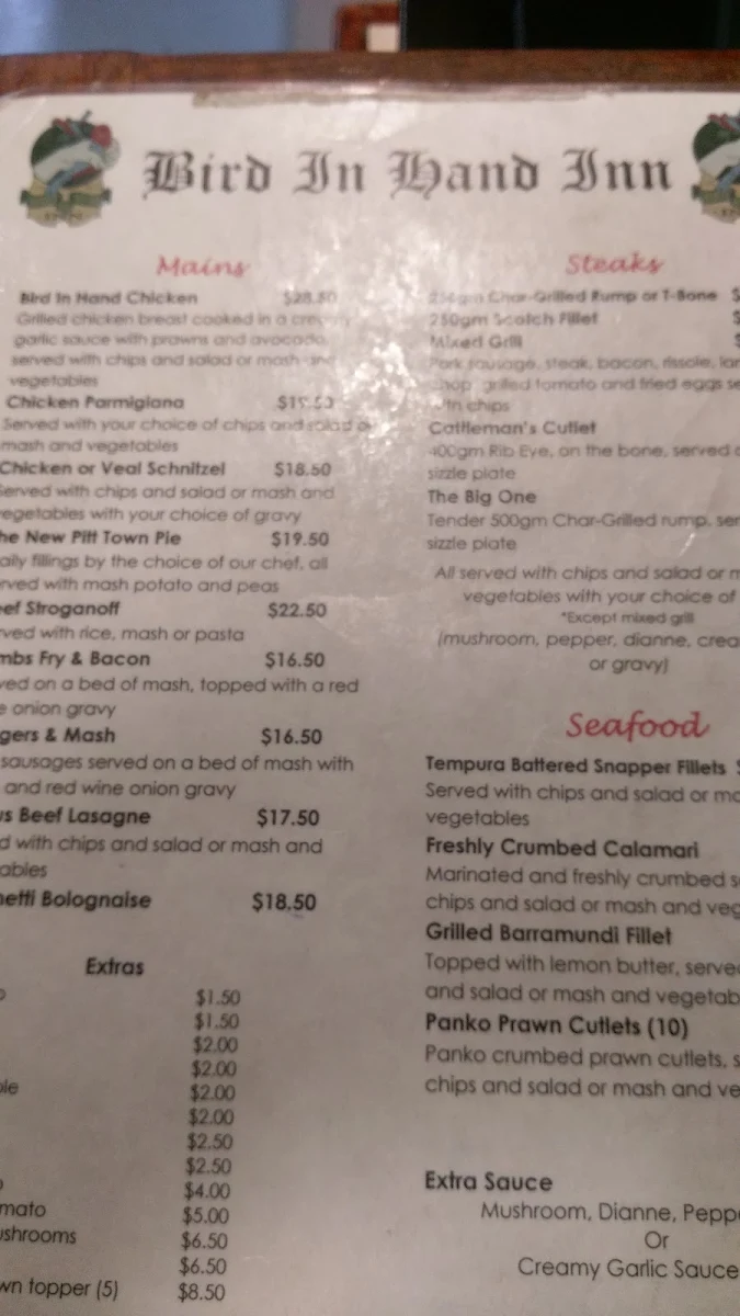 Menu, Bird In The Hand Inn
