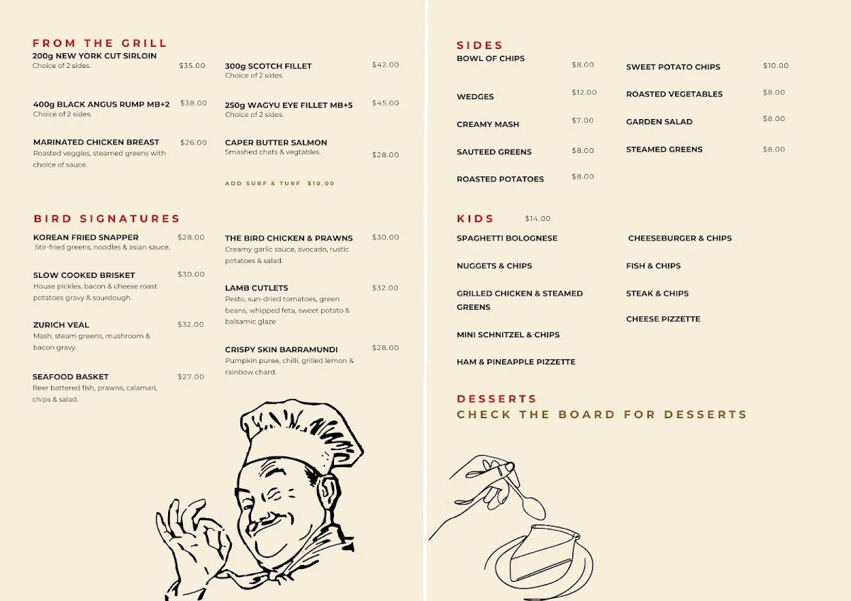 Menu, Bird In The Hand Inn