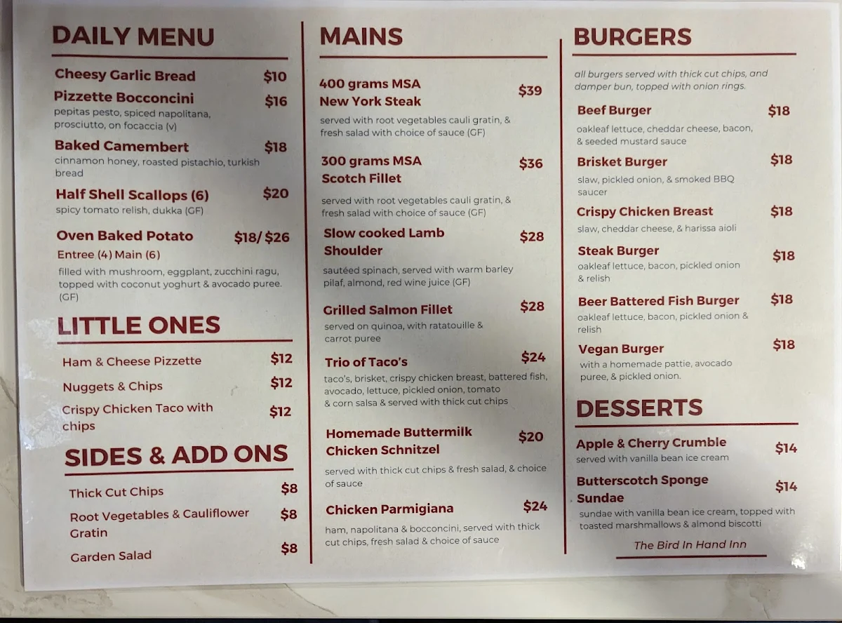 Menu, Bird In The Hand Inn