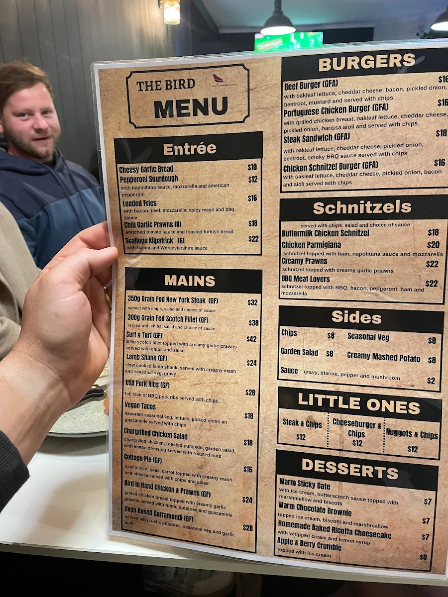 Menu, Bird In The Hand Inn