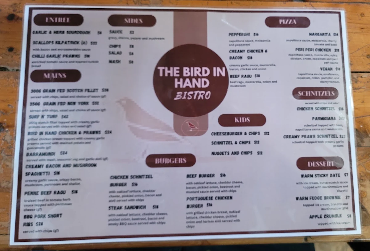 Menu, Bird In The Hand Inn
