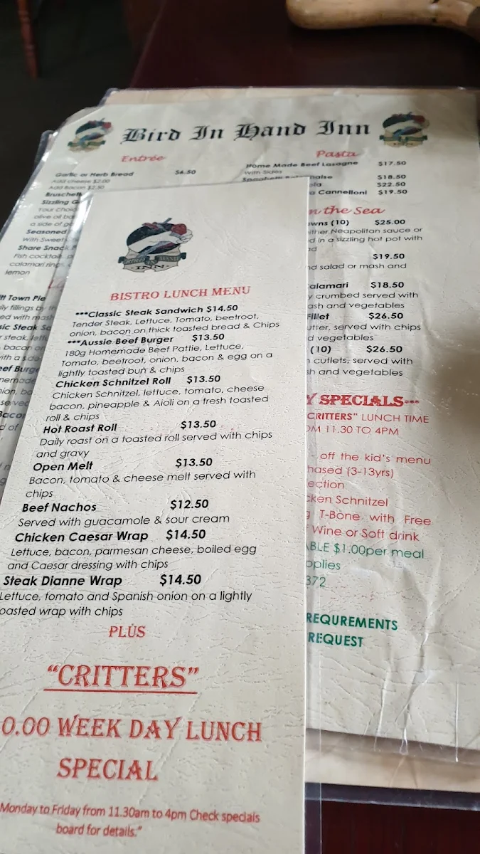 Menu, Bird In The Hand Inn