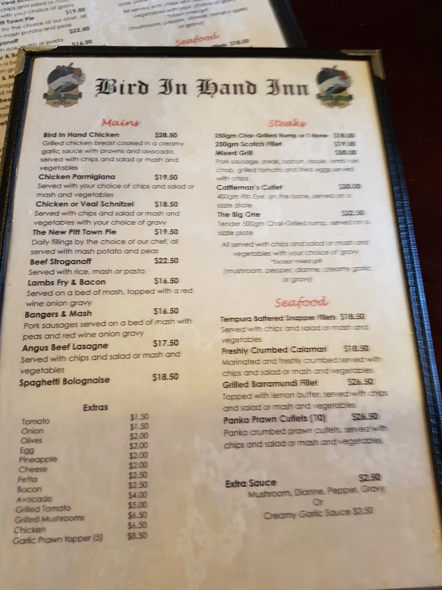 Menu, Bird In The Hand Inn